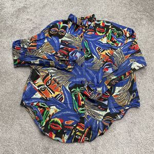 Envisions Rare Vintage Button Down Blouse Women Medium Multi Festival Padded Top